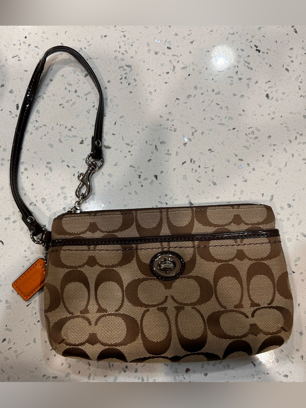 Coach Brown Signature Canvas Wristlet with Leather Trim